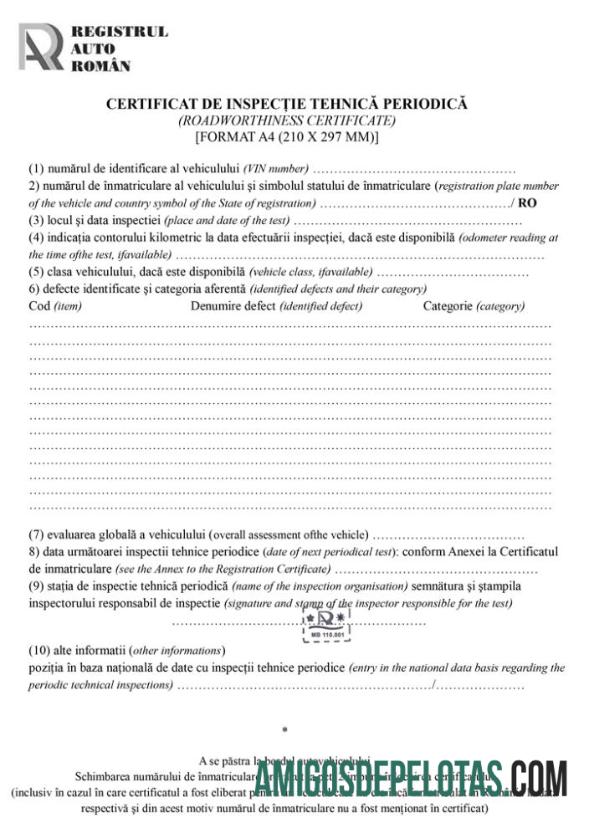 Roménia Romeno Registro Automóvel Certificado de Inspeção Técnica Periódica (Certificado de Inspeção Técnica) Scr modelo